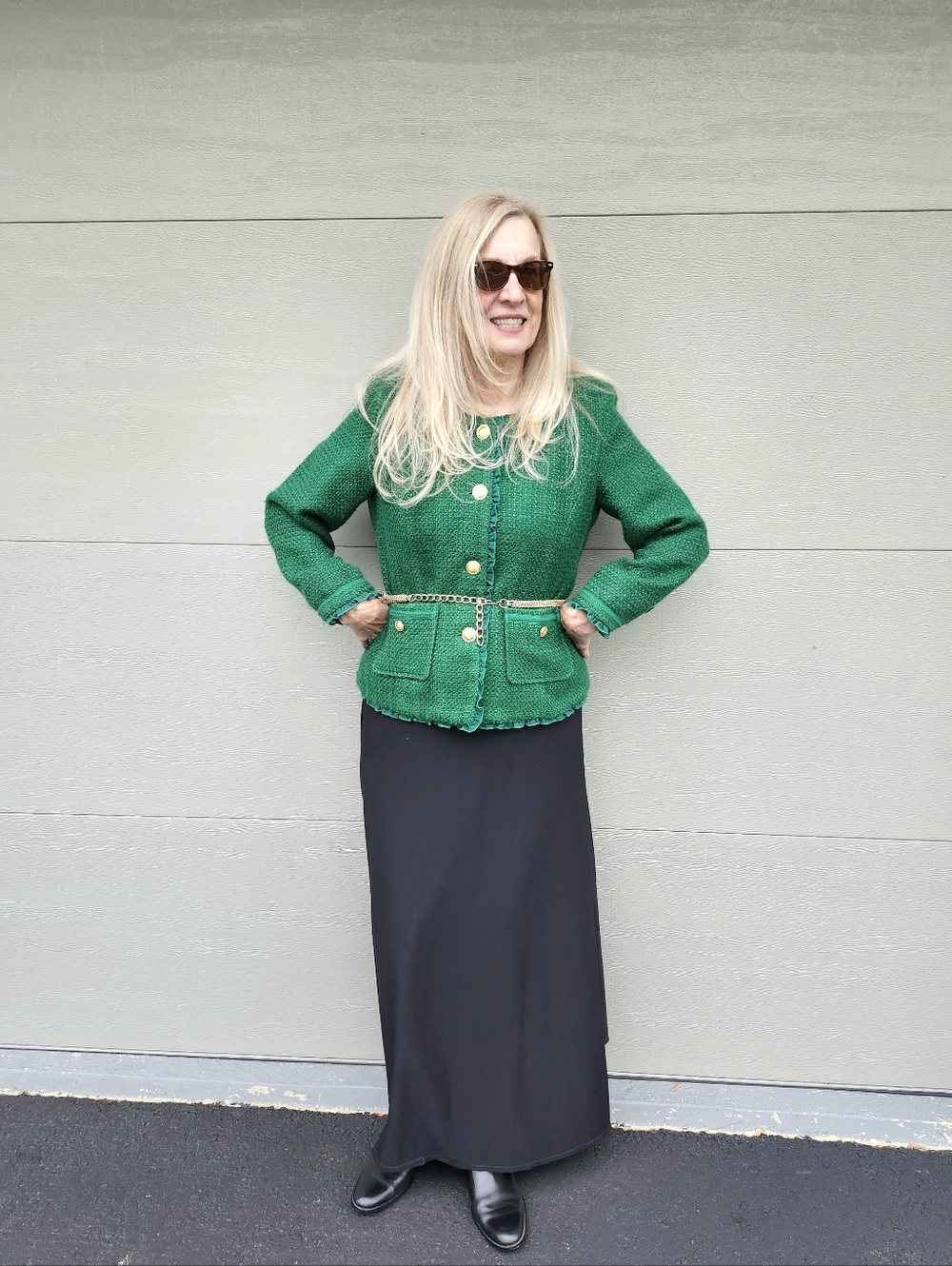 Joan Rivers Green Tweed Chain-Trim Button Jacket